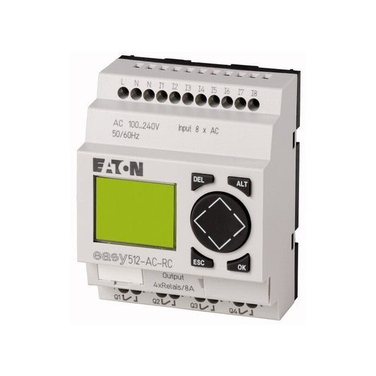 easy500, alimentación 100-240vac, 8di, 4do tipo rele 10 amps, pantalla y teclado, reloj tiempo real