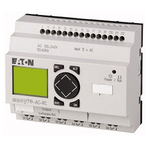 easy700, alimentación 100-240vac, 12di, 6do tipo relé 10a, pantalla y teclado, reloj tiempo real