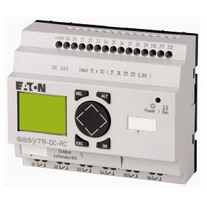 easy700, alimentación 24vdc, 12di (4 pueden ser análogas), 8do transistor, pantalla y teclado, reloj tiempo real